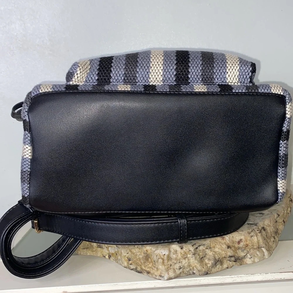 MODA Luxe Trent Backpack Blue Striped Patterned Fabric Faux Leather Travel Bag
